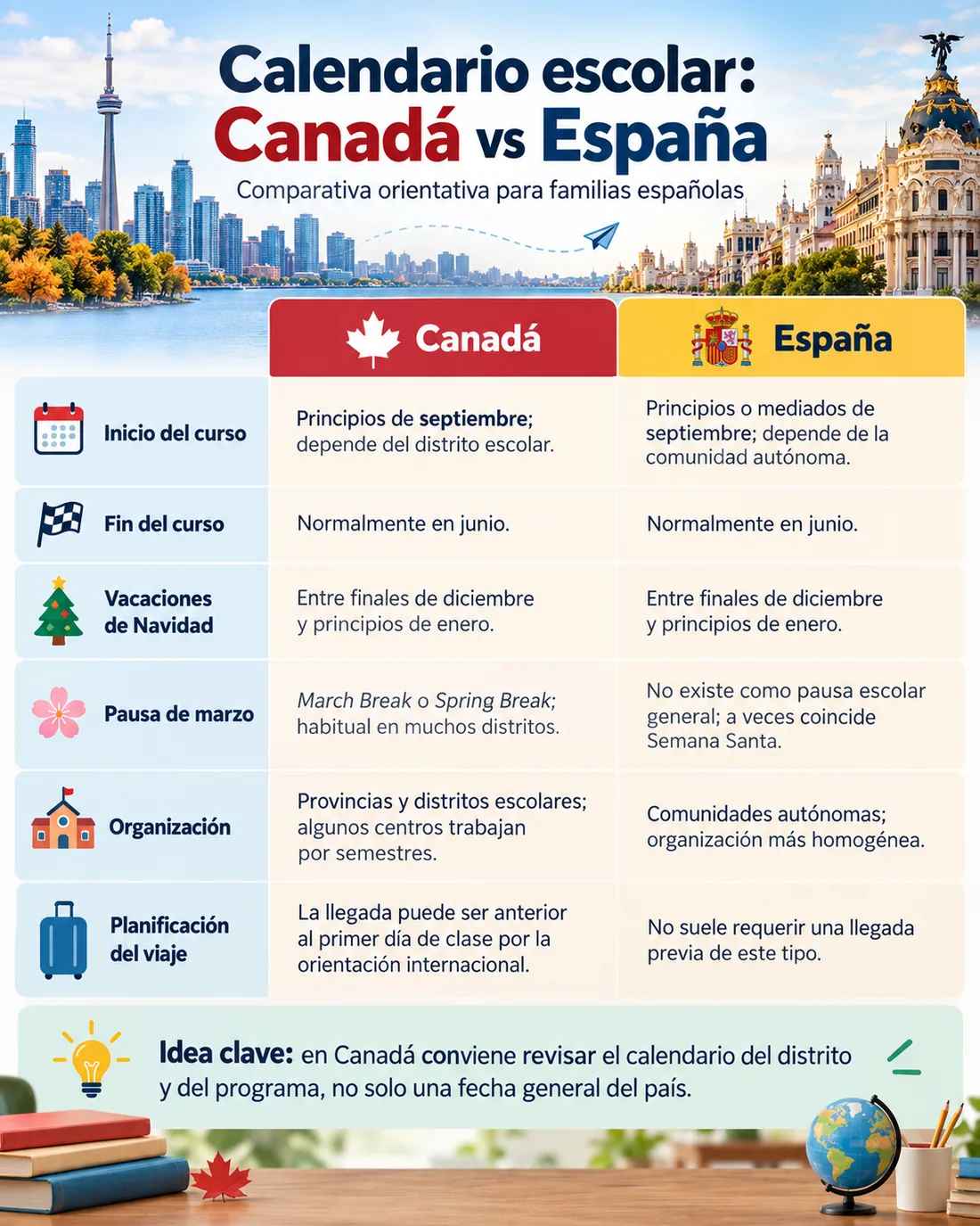 Año escolar en Canadá 2026-27: fechas y calendario Comparativa del calendario escolar de Canadá y España