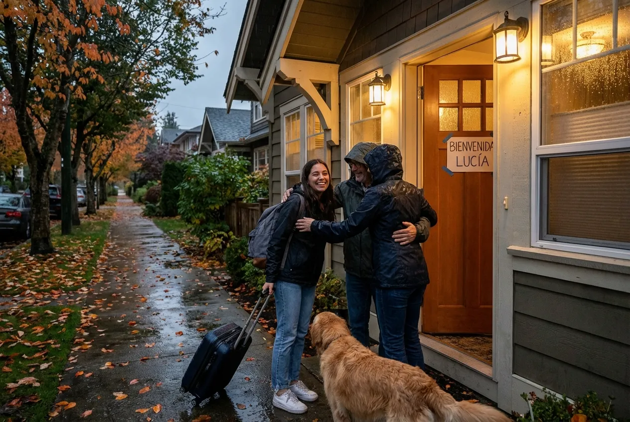 estudiante llegando a su casa de acogida en Canadá